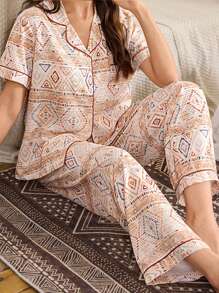 SHEIN 印花领短袖睡衣套装 节日季 - 彩色 - 查看 1