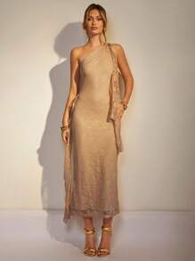 COSMINA Damen Kleid mit Metallblumen Dekor und extra langem Schulterteil - Gelb - Übersicht 6