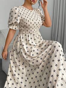 Modelyn 大码女式蝴蝶结印花泡泡袖优雅紧身连衣裙 - 卡其色 - 查看 1