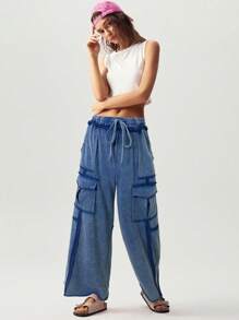 Bohemela Pantalones anchos con bolsillos de punto de unicolor informal para mujeres