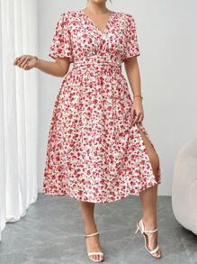 SHEIN Clasi Plus Size Women's Summer Vacation Ditsy Floral V-Neck Ruched High Slit Maxi Dress  Graduation Dress Wedding Guest Dress Women Vacation Outfits Woman  Sundress Festival Birthday Dresses For Women