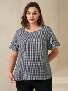 Chikora Curve Plus Size Women's Romantic And Elegant Daily Casual Commuting Black Texture Plaid Fabric Pleated Frill Edge Short Sleeve Round Neck Loose Shirt,Business Casual Woman,Going Out Tops Women,Office Outfits For Women,Work Clothes Women,Teacher Outfits For Women,Gingham - Black and White - View 3