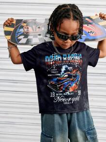 SHEIN Kids Young Boy Casual Versatile And Comfortable Racing Letter Print Pattern Round Neck Pullover Loose Short Sleeved Knitted T-Shirt Suitable For Commuting To School, Daily Leisure Vacation Travel, Suitable For Sports, Suitable For Spring And Summer Festivals