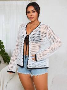 SHEIN Swim Curve Plus Size Women Black & White Knit Long Sleeve Belted Kimono Cover Up, Casual For Vacation And Beach For Summer