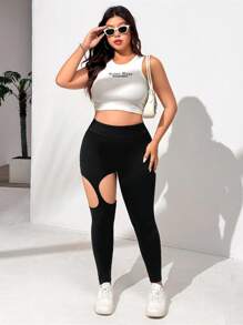 SHEIN EZwear Colanți de damă cu scobituri în carouri, culoare uni, mărime plus, pentru purtare zilnică