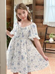 LMoss Kids LMoss Tween Girl Printed Pleated V-Neck Fitted Casual Dress - Multicolor - View 7