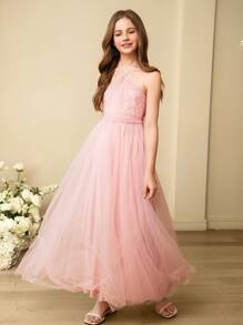 SHEIN 青少女婚禮季優雅網絡頸套伴娘禮服，適用於婚禮、生日、春夏季節