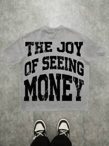 Manfinity Roghcode 男士休闲图案字母印花短袖 T 恤，夏季，Money 衬衫，Money 图案 T 恤，Money 服装，男士图案 T 恤，Emo - 灰色 - 查看 4