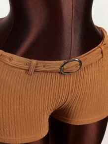 Amplova Set de 2 piezas con top corto con escote en V profundo y espalda de atar y pantalones cortos de cintura baja con textura - Naranja - Ver 7