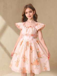 Tween Girls Elegant Floral Digital Print Square Neck Backless Bow Decor Party Tulle Dress, Suitable For Wedding, Bridesmaid, Summer - Orange - View 8
