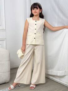 Set de 2 piezas de top holgado de lino y pantalones anchos y sueltos informales para niñas preadolescentes - Albaricoque - Ver 6