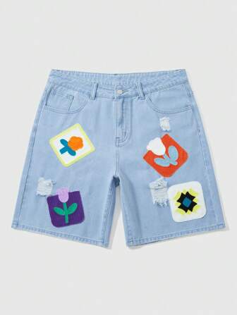 Street Life Men's Floral Distressed Pocket Decor Casual Denim Shorts, Summer Vacation