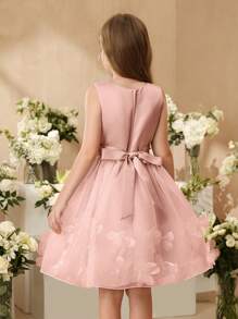 SHEIN 新款花童礼服，女童公主短款薄纱蓬松礼服，钢琴表演礼服 - 粉色 - 查看 2