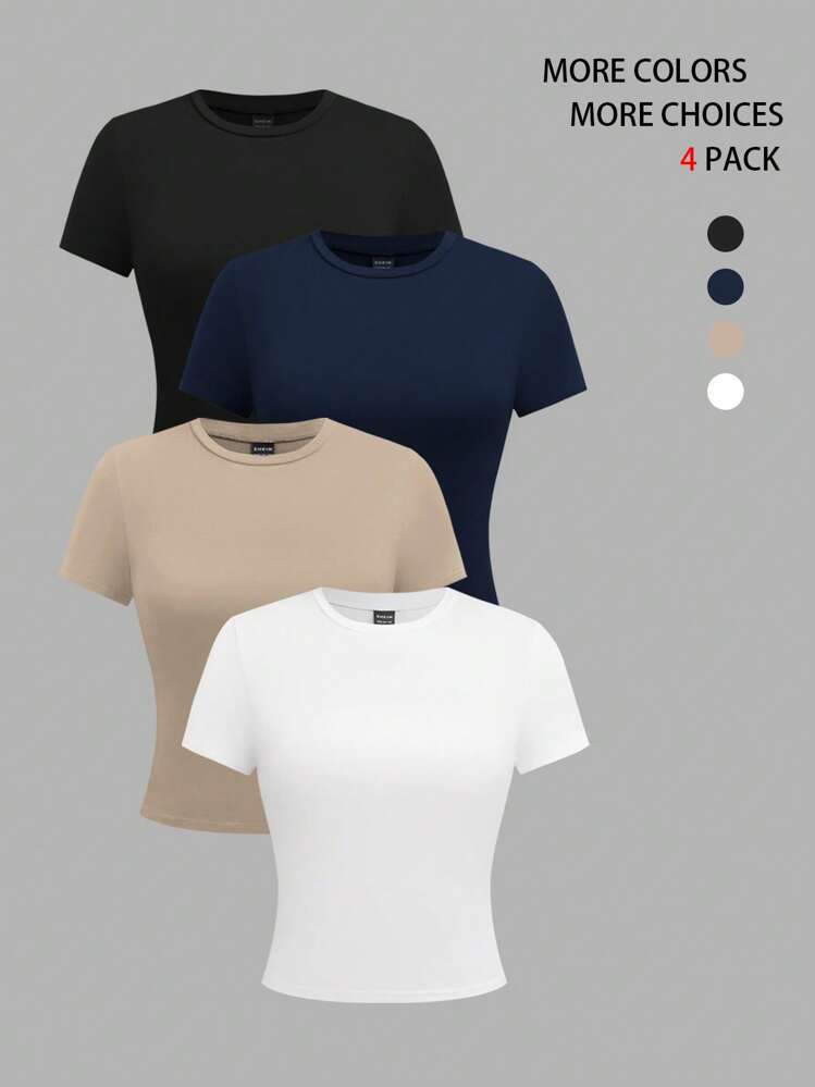 4-Pack Women Solid Color Short Sleeve Crew Neck Tight Fit Undershirt - Multicolor - View 1
