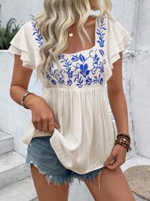 SHEIN LUNE 女式夏季方领刺绣短袖衬衫荷叶边上衣 - 藍色 - 查看 6