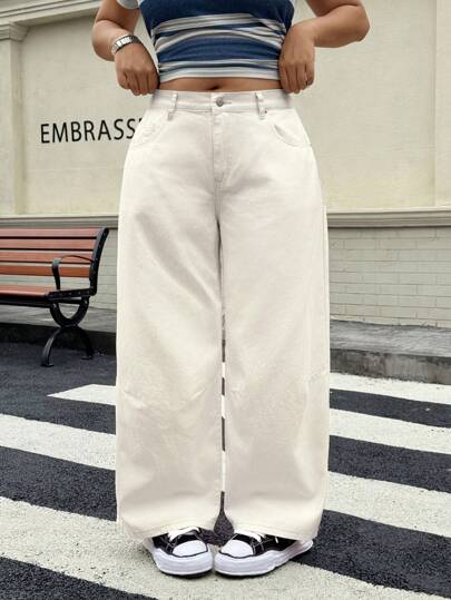 SHEIN ICON Plus Size Women's Daily Wear Wide Leg Jeans, Suitable For All Seasons
