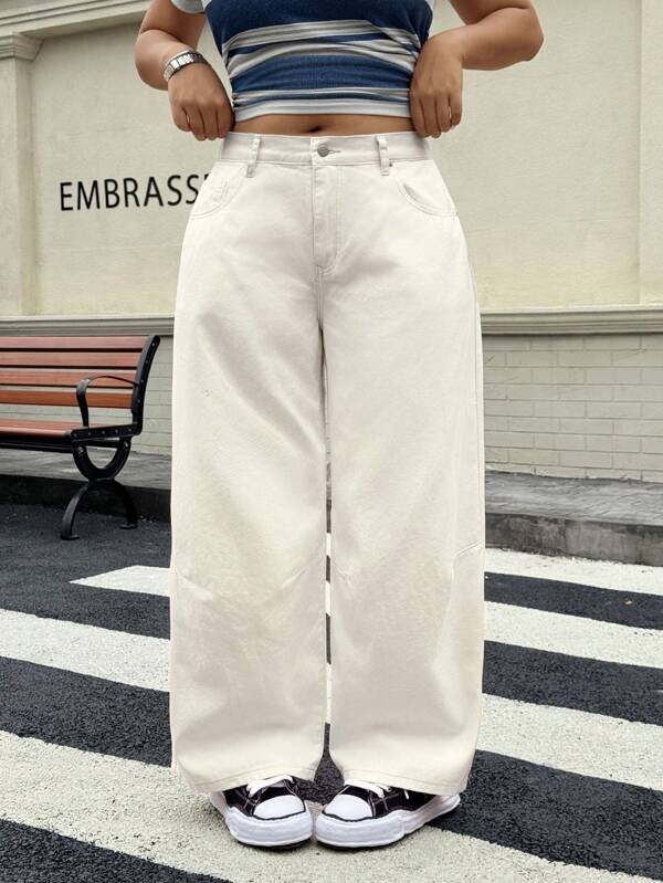 SHEIN ICON Plus Size Women's Daily Wear Wide Leg Jeans, Suitable For All Seasons