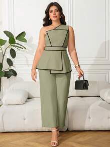 Ellevyn 2pcs/Set Plus Size Women Hem Decor Sleeveless Top And Wide Leg Pants Set - Mint Green - View 3