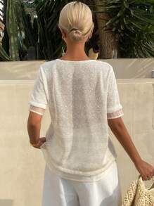 DAZY 女士纹理面料短袖宽松休闲都市风系带T恤 - 杏色 - 查看 3