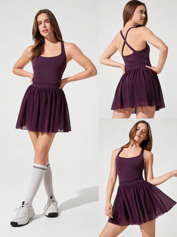 Abito in stile ballerina in rete plissettata con spalline a incrocio a scomparsa, coppe incorporate e grip antiscivolo, adatto per tennis, golf, pickleball e uso quotidiano a basso impatto con asciugatura rapida "FeatherFit™-Air Winning Streak"