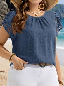 EMERY ROSE Plus Size Women Round Neck Short Sleeve Casual Blouse Summer Tropical Vacation Modest Top For Beach - Blue - View 5