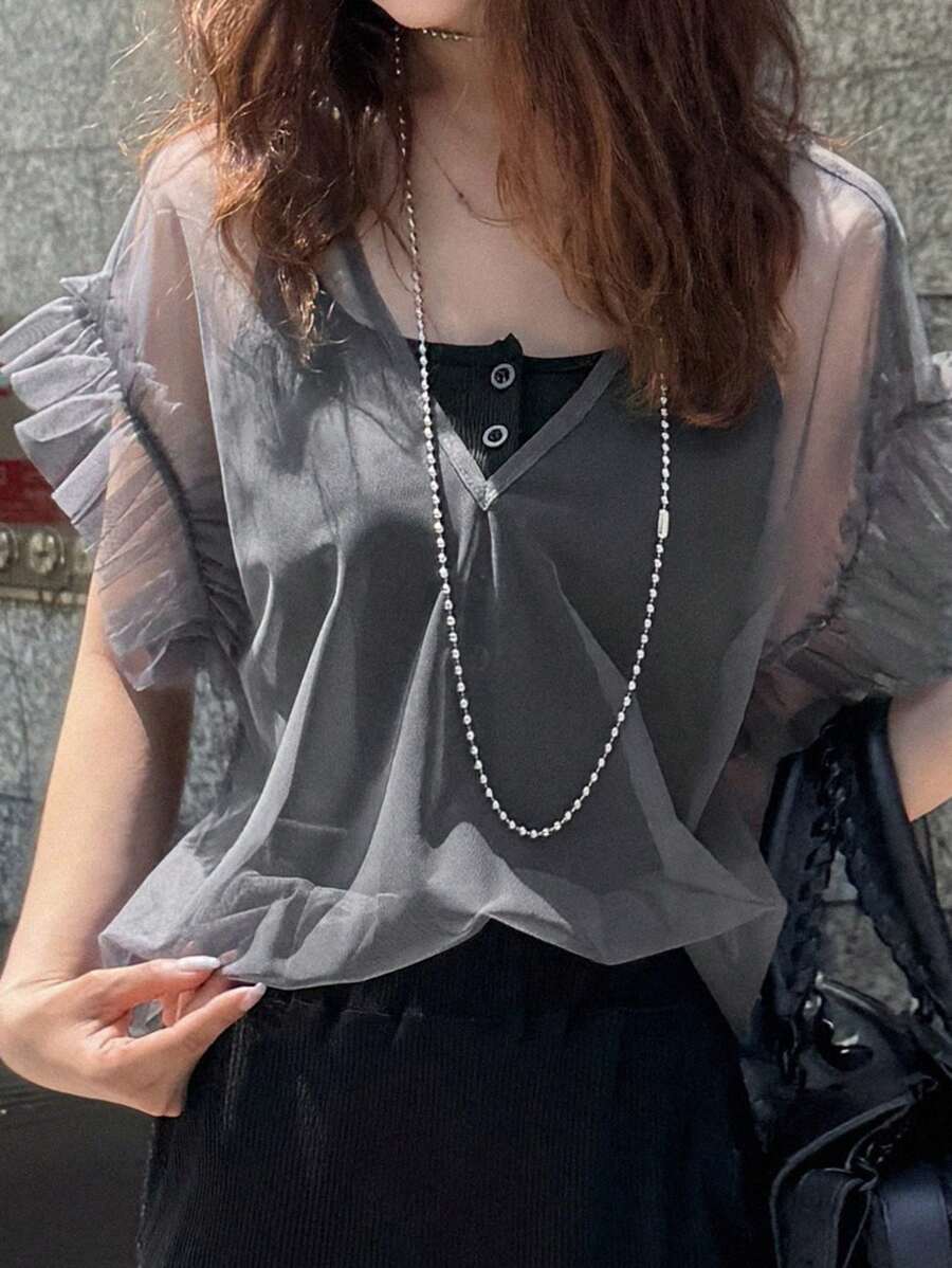 FRIFUL 女式网眼荷叶边宽松重叠休闲夏季上衣，女性沙滩度假装