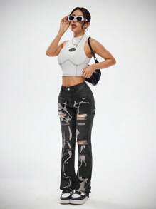 SHEIN EZwear 女士时尚做旧印花喇叭牛仔裤，春夏 - 黑色 - 查看 5