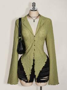 SHEIN ICON Blusa superior transparente sin sujetador con dobladillo asimétrico con volante de ICON PLUS, talla grande - 1891, Estilo Y2K