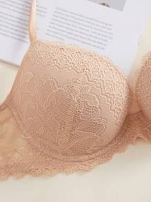 1 件女士全蕾丝舒适厚杯托聚拢钢圈文胸 - 杏色 - 查看 5