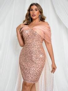 Lovelzi Plus Size Elegant Off-Shoulder Balloon Sleeve Dress,Blush Pink Spring Formal Party Sequins Fabric Patchwork Heat Press Foil Mesh Hem Gown - Pink - View 7