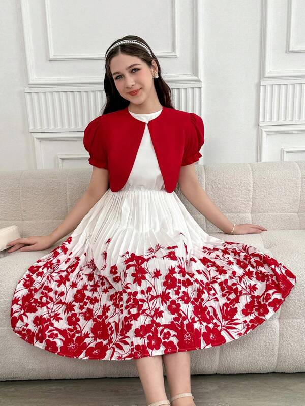 SHEIN 2pcs/Set Floral Print Pleated Dress And Cardigan Set For Teen Girls, New Elegant Summer Outfit