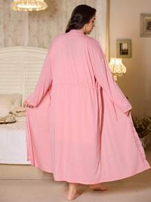 SHEIN Plus Size 2pcs/Set Sleeveless Solid Knit And Lace Trim Nightgown With Robe, Clothes, Cozy Outfit, Fall & Winter - Pink - View 2