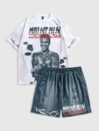Street Life Men's Casual Boxing Character Print Dropped Shoulder Loose T-Shirt & Drawstring Waist Shorts Set