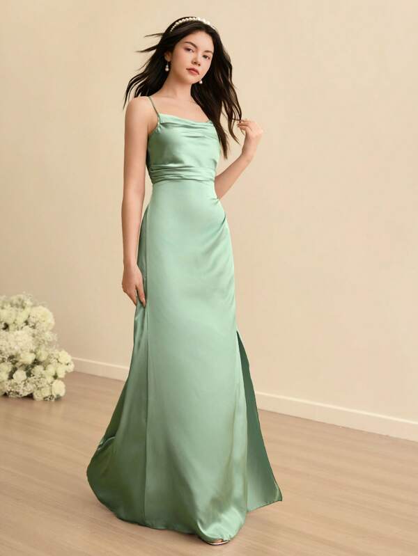 SHEIN Teen Girl Festive Season Elegant High Neck Sleeveless Split Hem Satin Long Dress, Suitable For Parties, Performances, Birthdays And Weddings, For Christmas