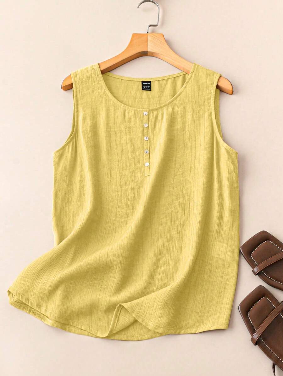 EMERY ROSE Women's Solid Color Simple Button Decor Camisole, Suitable For Summer Daily Wear - Yellow - View 1