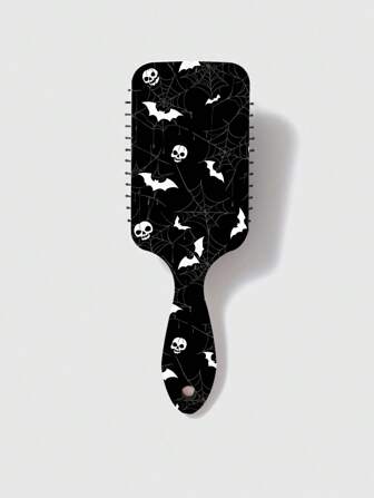 Grunge Punk 1pc Black Skull & Bat Print Square Air Cushion Scalp Massage Hairbrush For Women