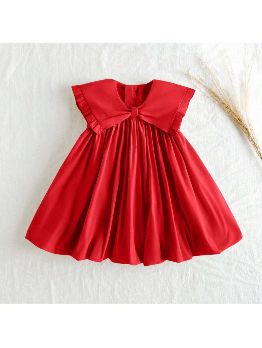 Loomiva Baby Girl Solid Color Ruffled Collar Sleeveless Waist Dress, Baby Girl - Red - View 1