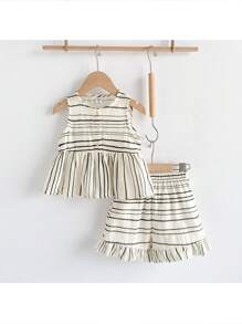 Loomiva Young Girls Striped Pattern Ruffle Hem Camisole & Elastic Waist Shorts Set, Spring/Summer - Multicolor - View 1