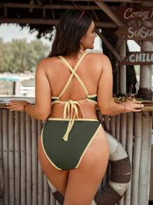 Swim Mod Conjunto de bikini sexy de 2 piezas para mujer de tallas grandes con bloqueo de color, tirantes finos, copas triangulares, abertura y uso casual en la playa o vacaciones