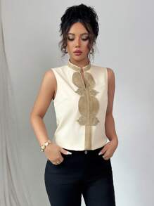 Rafferiza 女士优雅V领刺绣蕾丝拼布衬衫 - 彩色 - 查看 5