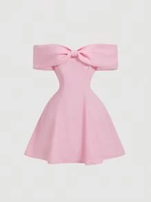 SHEIN MOD Women's Off The Shoulder Bowknot Mini Cocktail Dress, Pink,Valentine Outfits - Pink - View 1