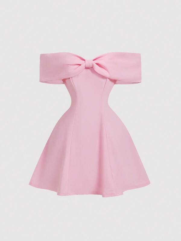 SHEIN MOD Vestido mini de cóctel para mujer en color rosa con diseño hombros descubiertos y lazo
