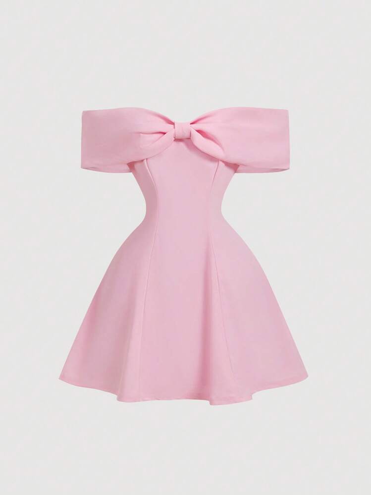SHEIN MOD Damklänning med bar axel och rosett, minicocktailklänning, rosa - Rosa - Visa 1