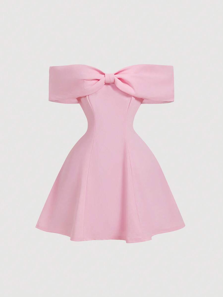 SHEIN MOD Women's Off The Shoulder Bowknot Mini Cocktail Dress, Pink,Valentine Outfits - Pink - View 1