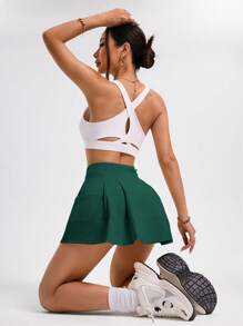 SHEIN Cheerettes 女士休闲纯色多口袋绿色运动裙裤，夏季 - 墨綠色 - 查看 2