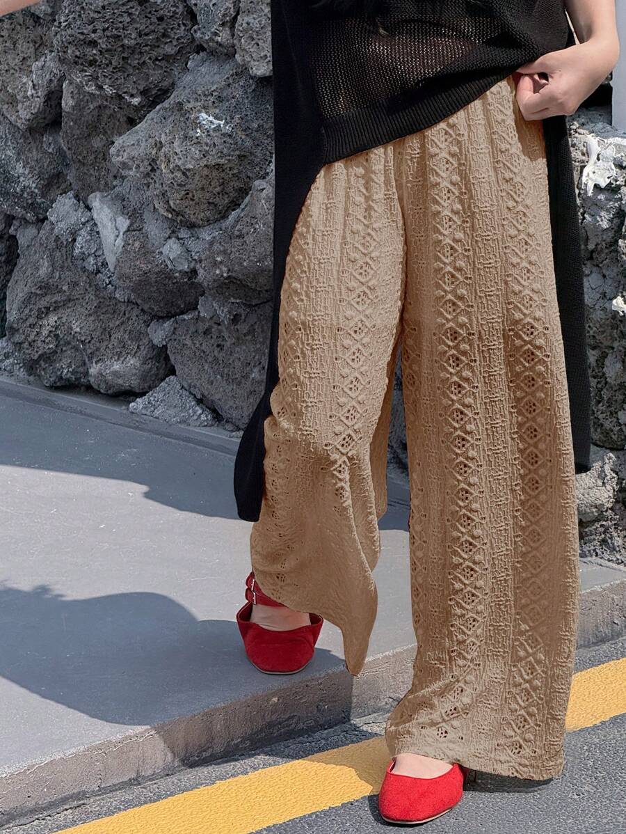 Dazy Kids Tween Girls' Vacation Textured Geometric Wide Leg Loose Casual Pants - Khaki - View 1