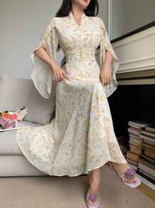 Modelyn 女式夏季全印花网眼腰部收腰优雅中长连衣裙