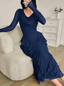 Modelyn Women's Long Elastic Mesh Scoop Neck Ruffle Hem Bodycon Elegant Dress, Spring/Summer - Navy Blue - View 3