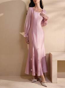 Graceveil Women's Square Neck Solid Color Long Sleeve Elegant Fishtail Hem Dress - Pink - View 2