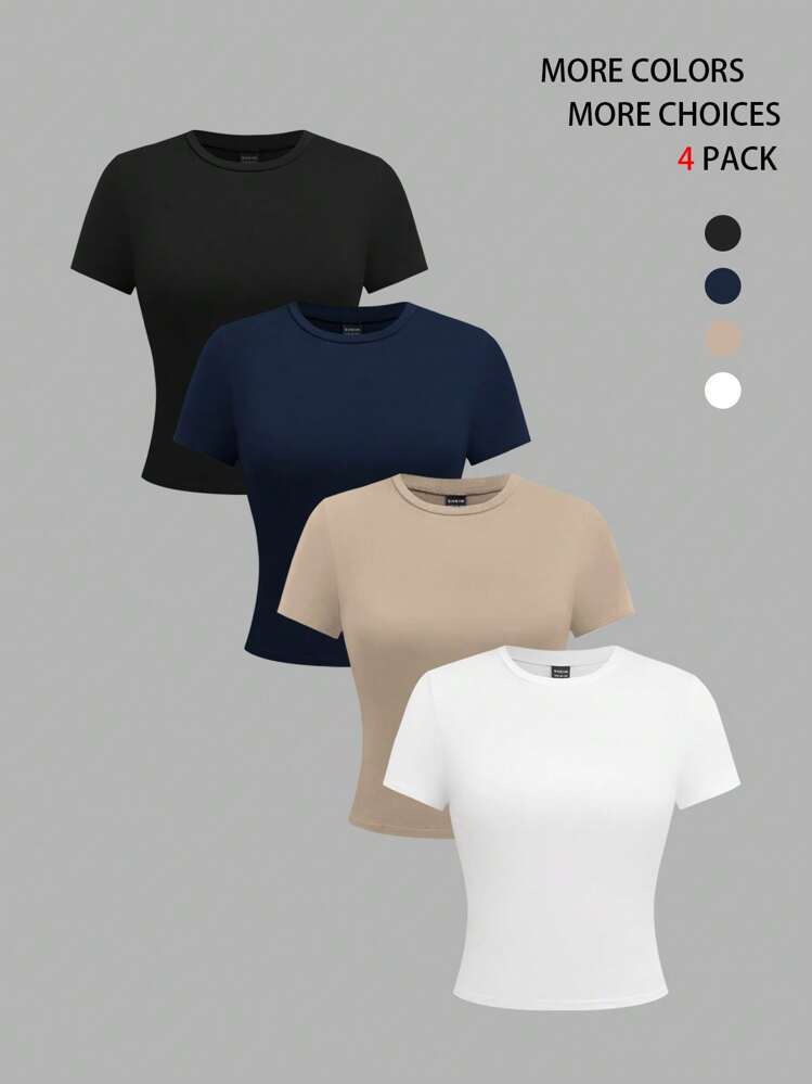 4-Pack Women Solid Color Short Sleeve Crew Neck Tight Fit Undershirt - Multicolor - View 4